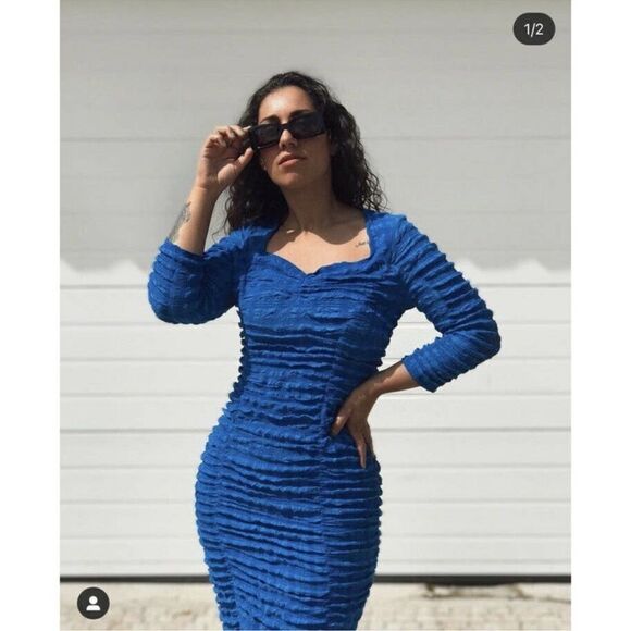 Zara blue ruched textured dress - Picture 11 of 12